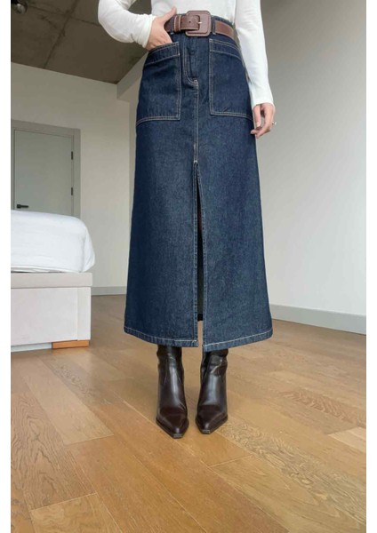 Lacivert Kontrast Dikişli Yırtmaçlı Denim Etek fırsatları