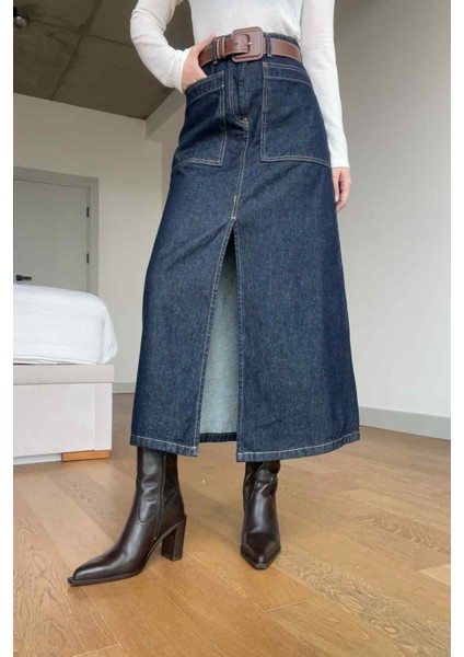 Lacivert Kontrast Dikişli Yırtmaçlı Denim Etek indirimleri
