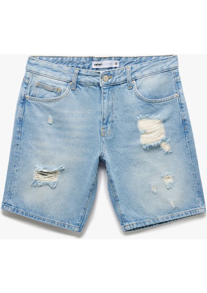 Pamuklu Yırtık Detaylı Bermuda Slim Fit Jean Şort