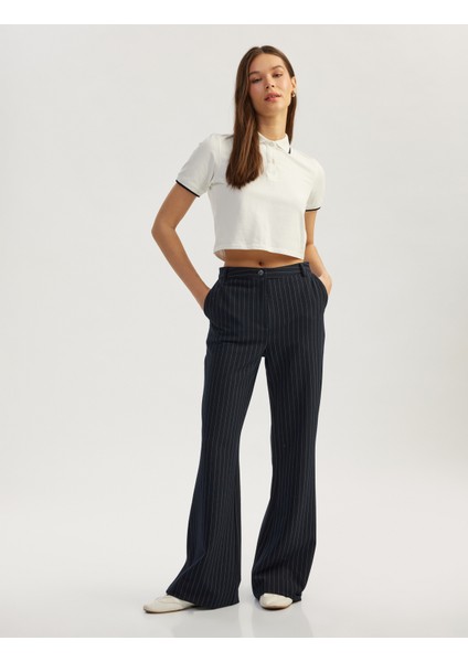 Normal Bel Düğmeli Ispanyol Paça Çizgili Pantolon