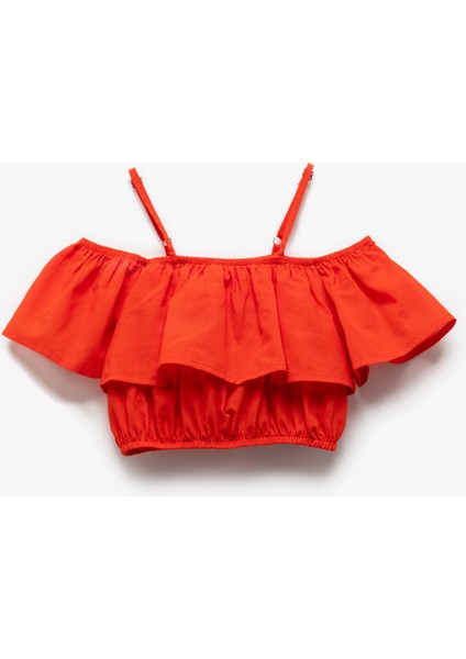 Pamuklu Düşük Omuz Ince Askılı Katlı Fırfırlı Crop Bluz