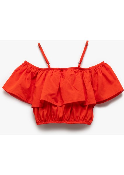 Pamuklu Düşük Omuz Ince Askılı Katlı Fırfırlı Crop Bluz fiyatları