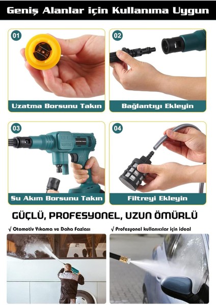 21V Kömürsüz Motor Yüksek Basınçlı Akülü Oto Araba Yıkama Makinesi Şarjlı