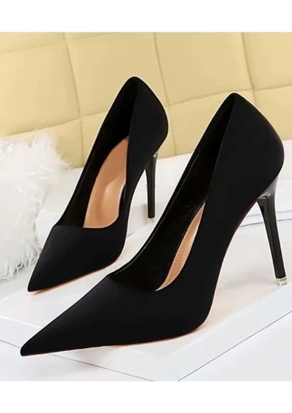 Kadın Siyah Süet 8cm Ince Şeffaf Kapak Topuklu Stiletto Ayakkabı