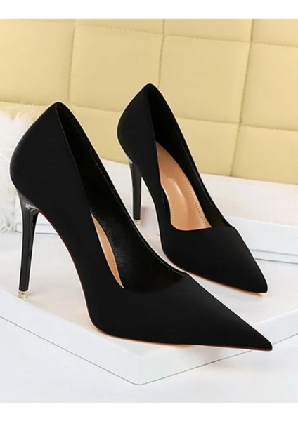 Kadın Siyah Süet 8cm Ince Şeffaf Kapak Topuklu Stiletto Ayakkabı