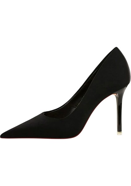 Kadın Siyah Süet 8cm Ince Şeffaf Kapak Topuklu Stiletto Ayakkabı