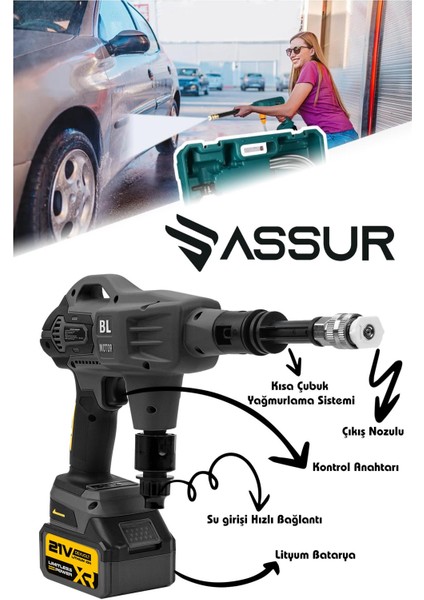 21V Yüksek Basınçlı Kömürsüz Motor Akülü Oto Araba Yıkama Makinesi Şarjlı