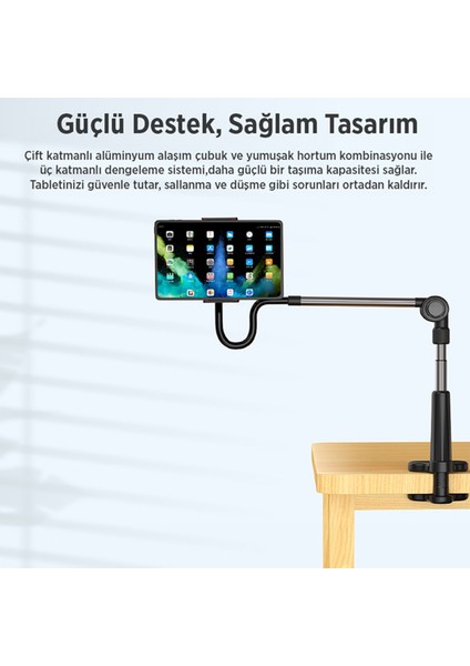 360° Dönen Uzun Kollu Ayarlanabilir Tablet ve Telefon Tutucu Stand
