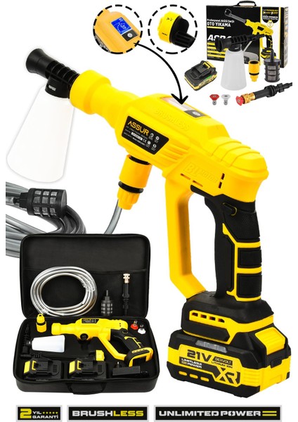 21V Kömürsüz Motor Yüksek Basınçlı Akülü Oto Araba Yıkama Makinesi Şarjlı