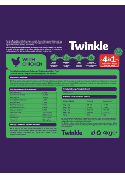 Tavuklu Yetişkin Kedi Maması 4 kg. (4in1) fiyatları