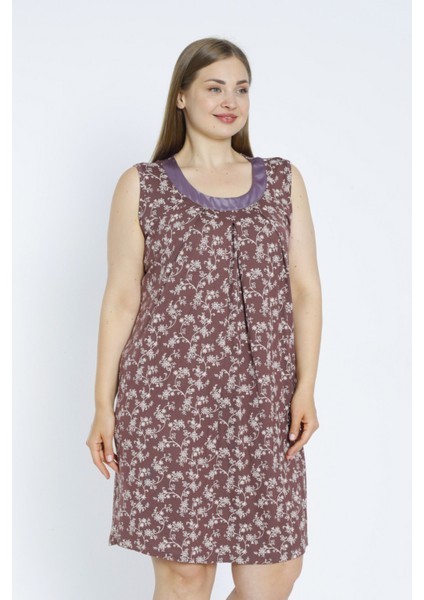 Desenli Saten Detaylı Askılı Büyük Beden Viskon Gecelik