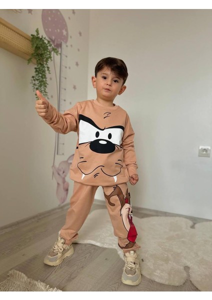 Erkek Çocuk Tazmanya Canavarı Baskılı Pamuklu Kumaş Bağcıklı Lastikli Ayarlanabilen Bel Alt Üst Ikili Eşofman Takımı