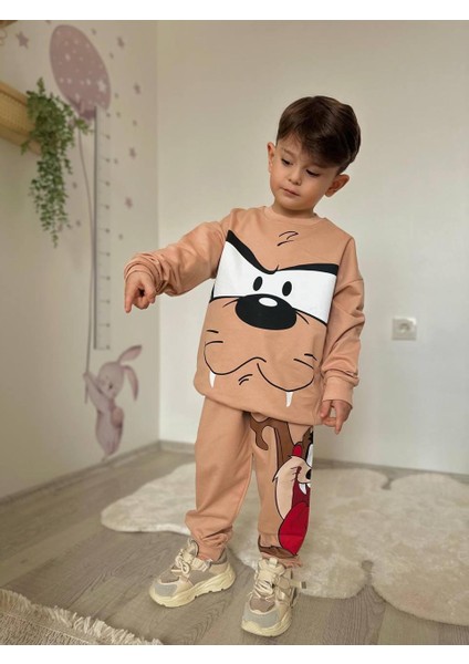 Erkek Çocuk Tazmanya Canavarı Baskılı Pamuklu Kumaş Bağcıklı Lastikli Ayarlanabilen Bel Alt Üst Ikili Eşofman Takımı fiyatları