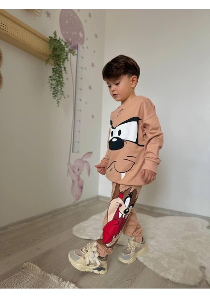 Erkek Çocuk Tazmanya Canavarı Baskılı Pamuklu Kumaş Bağcıklı Lastikli Ayarlanabilen Bel Alt Üst Ikili Eşofman Takımı modelleri