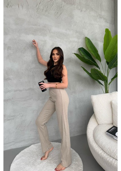 Kadın Vizon Yüksek Bel Fitilli Bol Paça Günlük Ince Eşofman Altı Pijama