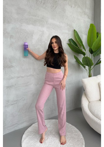 Kadın Gül Kurusu Yüksek Bel Fitilli Bol Paça Günlük Ince Eşofman Altı Pijama