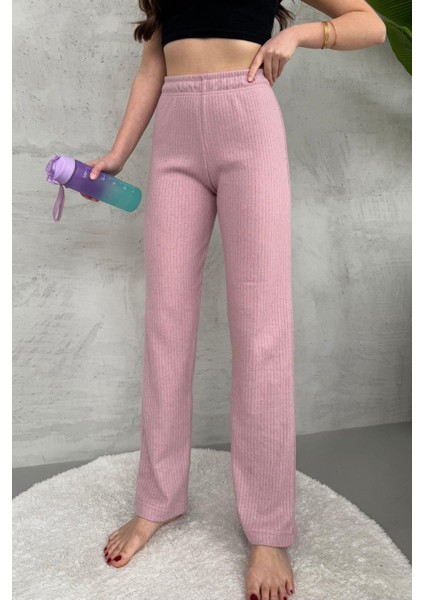 Kadın Gül Kurusu Yüksek Bel Fitilli Bol Paça Günlük Ince Eşofman Altı Pijama