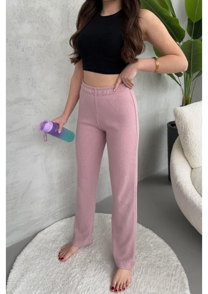 Kadın Gül Kurusu Yüksek Bel Fitilli Bol Paça Günlük Ince Eşofman Altı Pijama