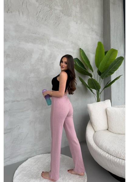 Kadın Gül Kurusu Yüksek Bel Fitilli Bol Paça Günlük Ince Eşofman Altı Pijama