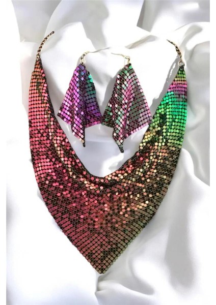 Şal Model Yanardöner Zırh Metal Tasarım Kolye Küpe Set