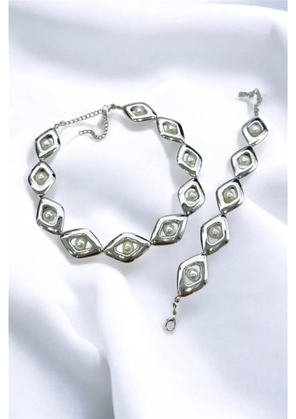 Metalize Inci Baklava Choker Tasma Kolye Bileklik Set