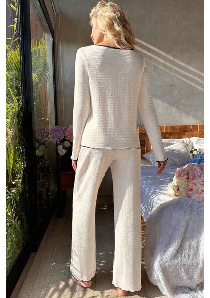 Özel Örme Kumaş Düğmeli Uzun Kollu Pijama Takımı