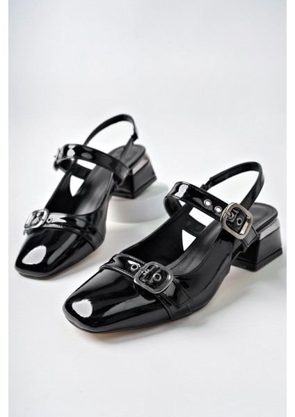 Yuqi Arkası Açık Küt Burun Çift Kemerli Kadın Günlük Klasik Kısa Topuklu Ayakkabı