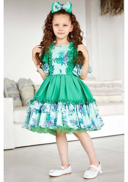 Kız Çocuk Balon Kollu Göğsü Çiçek Detaylı Etek Ucu Fırfırlı Astarlı Yeşil Elbise
