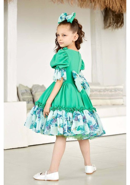 Kız Çocuk Balon Kollu Göğsü Çiçek Detaylı Etek Ucu Fırfırlı Astarlı Yeşil Elbise fiyatları