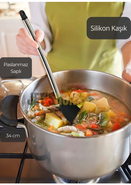 Silikon Kaşık Paslanmaz Saplı Servis Kaşığı Siyah 34 cm