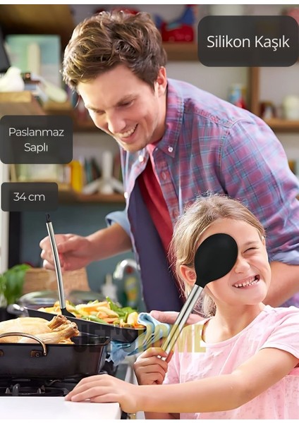 Silikon Kaşık Paslanmaz Saplı Servis Kaşığı Siyah 34 cm fiyatları