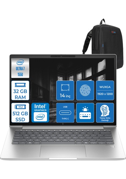 Elitebook 640 G11 Ultra7 155U 32GB Ddr5 512GB SSD 14"' Fhd 400NIT Wuxga Windows 11 Home Taşınabilir Bilgisayar HA23E2EAH08 + Zettaçanta