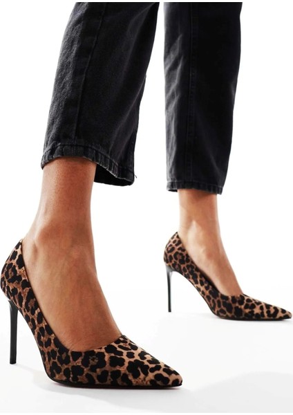 Kadın Leopar Hayvan Desenli 8 cm Ince Siyah Topuklu Stiletto Ayakkabı fiyatları