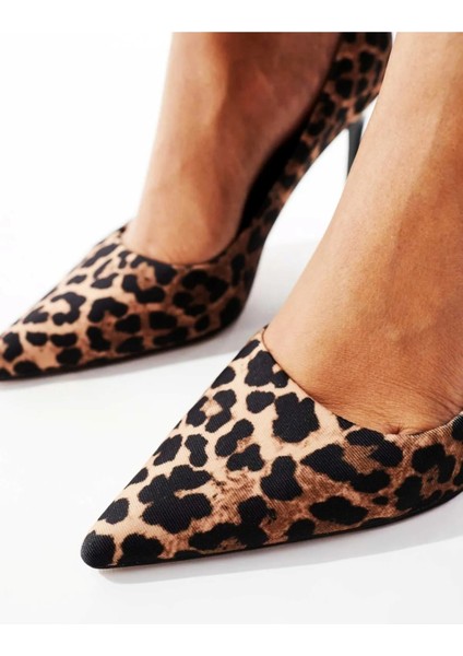 Kadın Leopar Hayvan Desenli 8 cm Ince Siyah Topuklu Stiletto Ayakkabı
