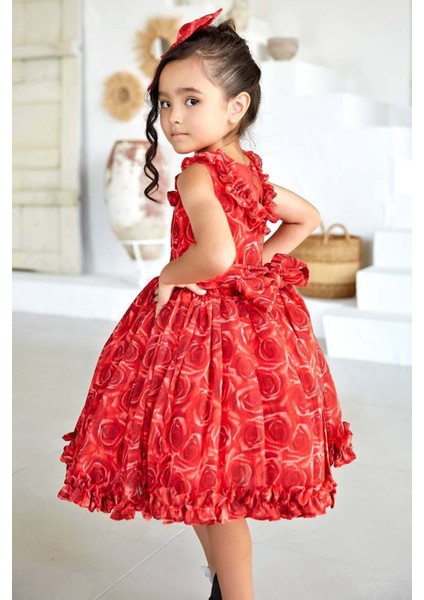 Kız Çocuk Yakası ve Etek Ucu Fırfırlı Üzeri Gül Baskılı Kolsuz Kırmızı Elbise fiyatları
