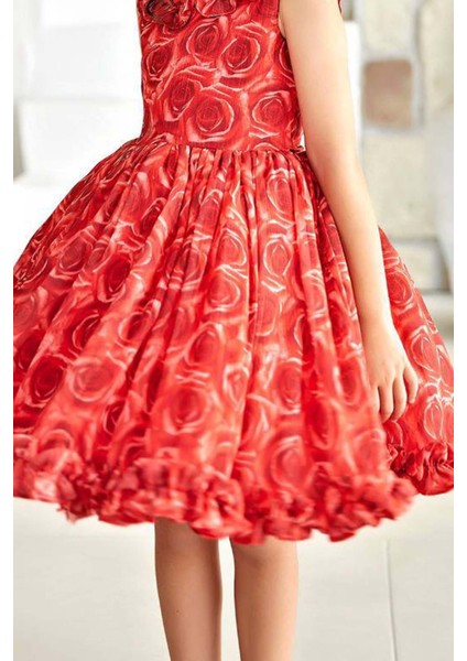 Kız Çocuk Yakası ve Etek Ucu Fırfırlı Üzeri Gül Baskılı Kolsuz Kırmızı Elbise fırsatları