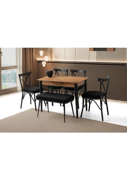 Mini 60 x 100 Milano Mdf Ortadan Açılır Masa 4 Ad Çapraz Sandalye 1 Ad Sırtsız Mini Bench