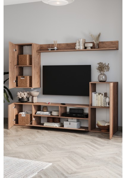 Tv Ünitesi Duvara Monte Raflı Duvara Monte Dolaplı Tv Sehpası Rodos Çam