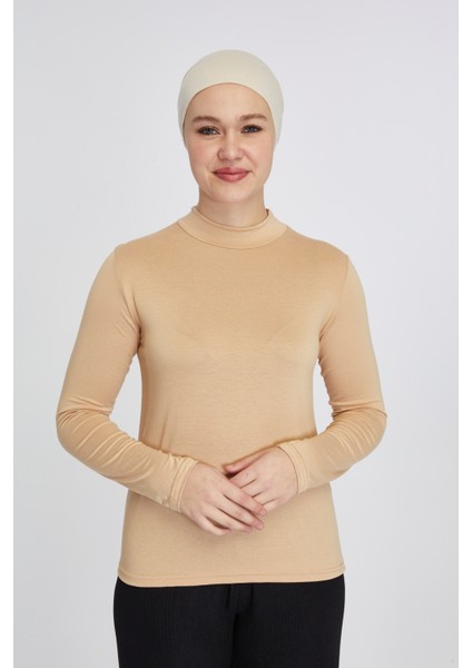Manolyaşal Hafif Uzun Kollu Balıkçı Yakalı Organik Kadın Body - Koyu Bej - L-XL