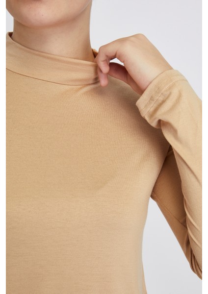 Manolyaşal Hafif Uzun Kollu Balıkçı Yakalı Organik Kadın Body - Koyu Bej - L-XL