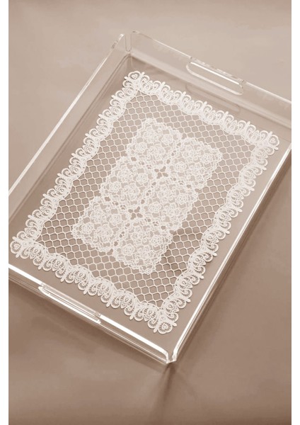 Dantel Desenli Pleksi Şeffaf Kahve Çay Sunum Servis Tepsisi Akrilik 36cmx26cm modelleri