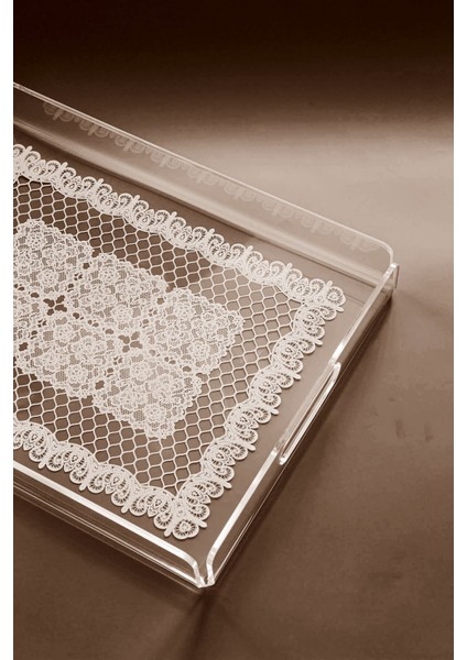 Dantel Desenli Pleksi Şeffaf Kahve Çay Sunum Servis Tepsisi Akrilik 36cmx26cm fırsatları