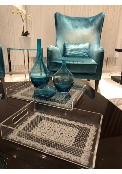 Dantel Desenli Pleksi Şeffaf Kahve Çay Sunum Servis Tepsisi Akrilik 36cmx26cm