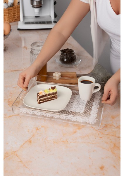 Dantel Desenli Pleksi Şeffaf Kahve Çay Sunum Servis Tepsisi Akrilik 36cmx26cm fiyatları