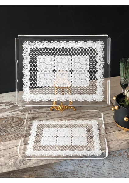 Dantel Desenli Pleksi Şeffaf Kahve Çay Sunum Servis Tepsisi Akrilik 36cmx26cm