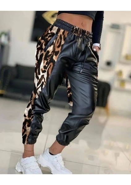 Bel ve Paça Lastikli Detay Yanları Leopar Detay Bağcıklı Deri Pantolon fiyatları