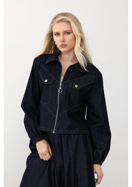 Fermuar Kapamalı Etek Ceket Denim Takım Lacivert 9266-TK