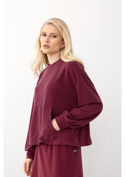 Oversize Premium Kumaş Sweat Etekli Takım Bordo 7011-TK