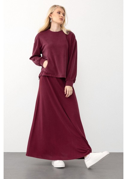 Oversize Premium Kumaş Sweat Etekli Takım Bordo 7011-TK