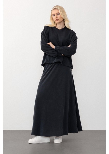 Oversize Premium Kumaş Sweat Etekli Takım Füme 7011-TK